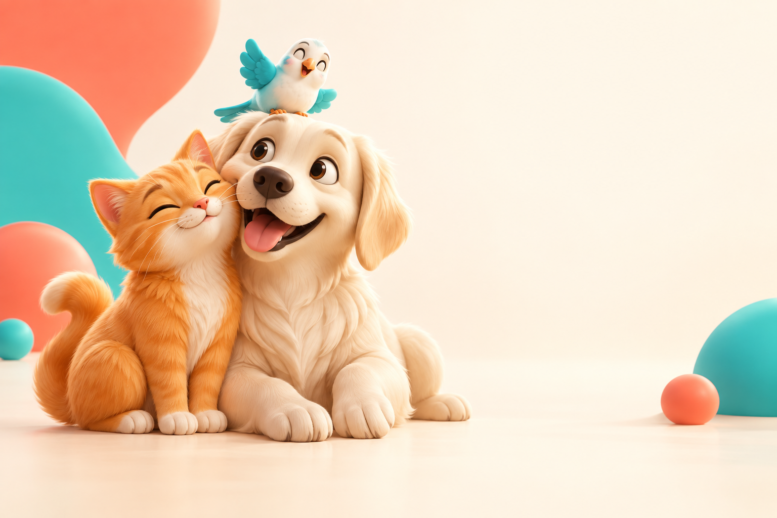 گربه نارنجی، سگ کرم و پرنده‌ای کوچک و شاد